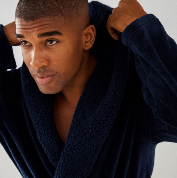 Men's Navy Fluffy Dressing Gown - Picture 3 of 4
